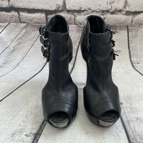 Velvet angels : Black Barbuto Ankle Buckle Shootie Peep Toe Leather Pumps - Picture 2 of 11